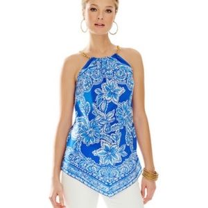 Lilly Pulitzer Silk Blue Floral Preppy Chain Handkerchief Top - Size Small